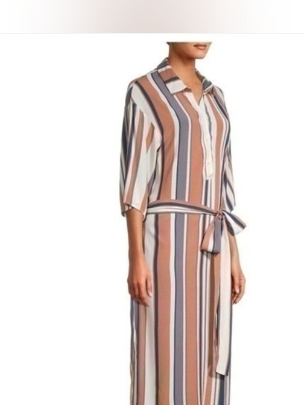 Dress Forum Striped Button-Front Shirt Dress Midi Earthtones Women's Size M